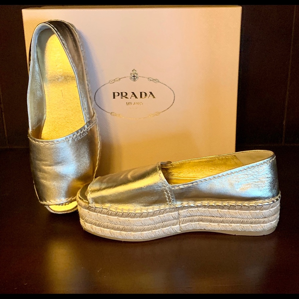 Prada Metallic Gold Leather Peep Toe Platform Espadrilles